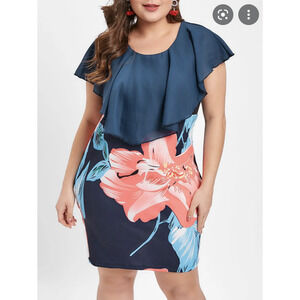 Rosegal Ruffle Floral Bodycon Mini Dress Women Plus Size 1X Round Collar Stretch